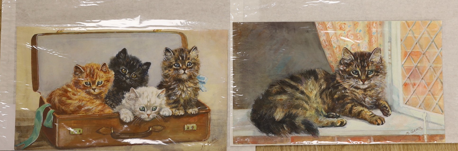 Mabel Gear (1900-1997), two watercolours, 'Four little travellers' and 'A place in the sun', signed, 16 x 17cm, unframed
